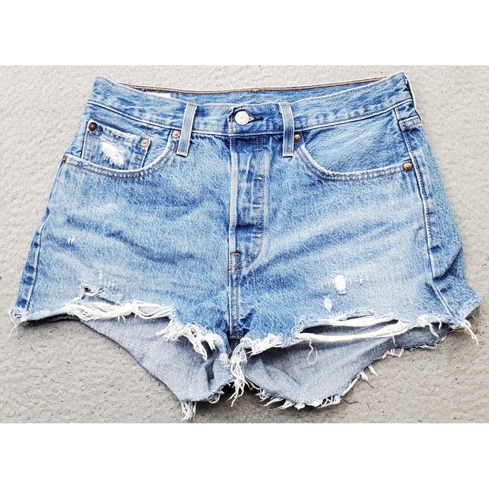 Levi's Jean Shorts Womens 28 Blue Premium Denim Distressed Frayed Hem Button Fly